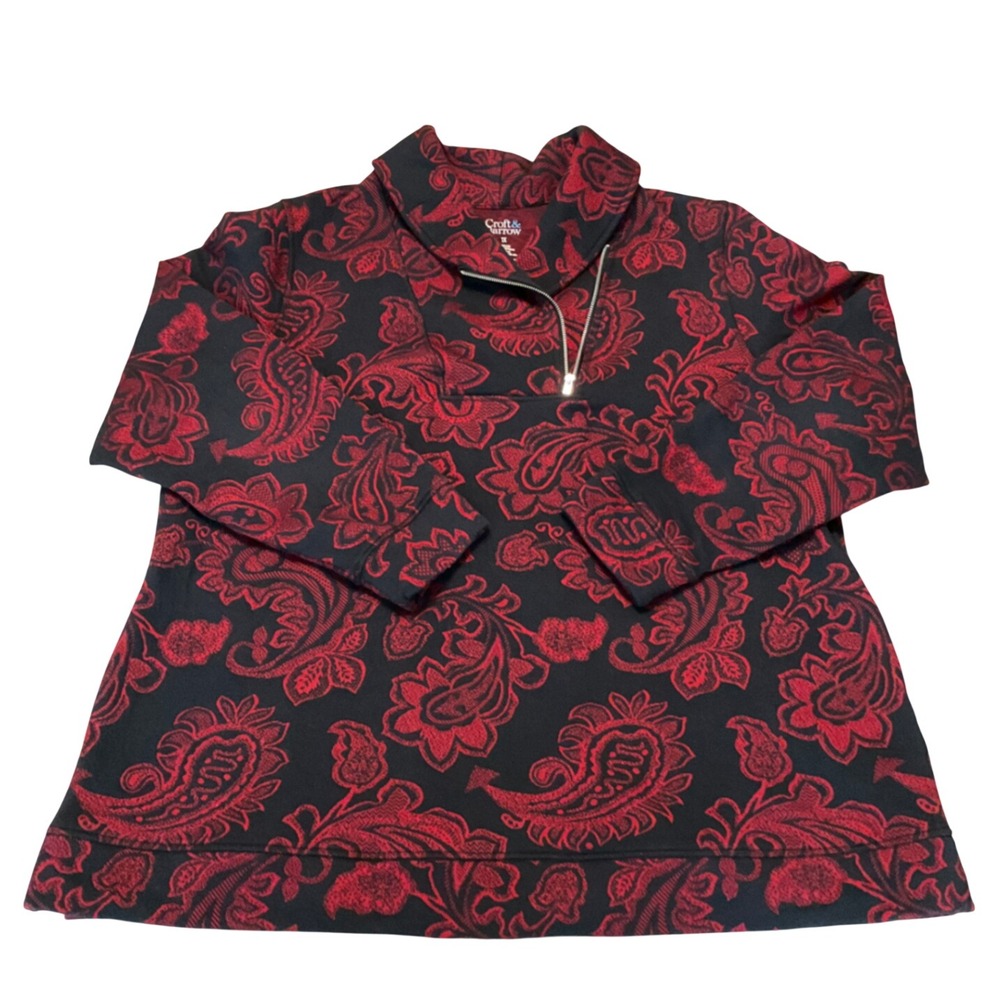 Croft & Barrow Sweatshirt Wms 1X Red Paisley Quarter Zip Pullover Classic Cozy - Picture 2 of 11